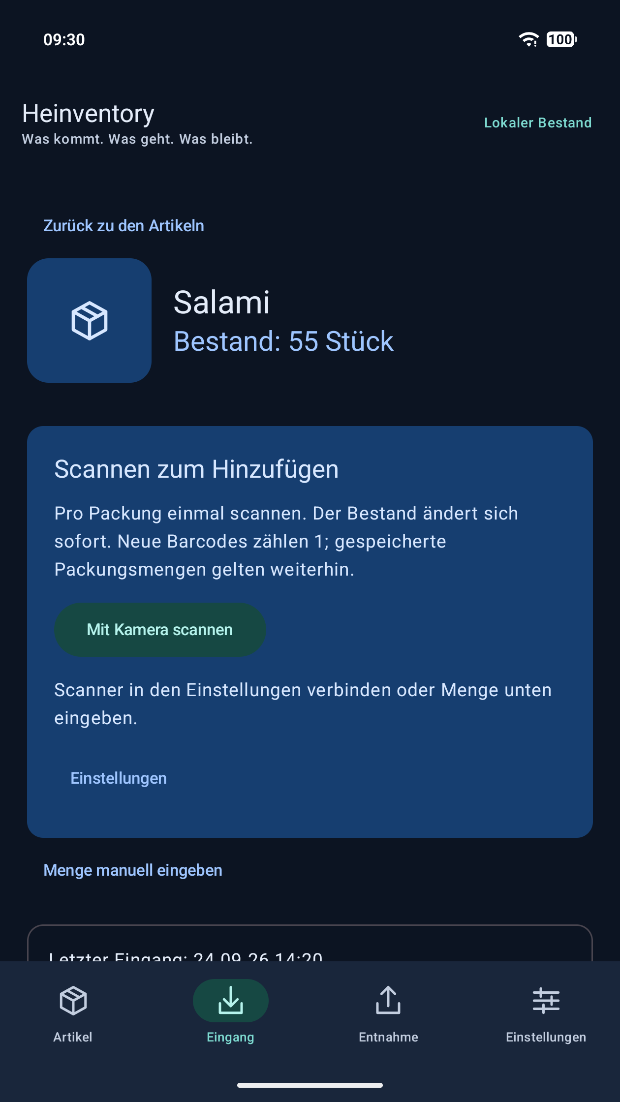 Wareneingang für einen Artikel mit Kamera-Scanning und manueller Mengeneingabe
