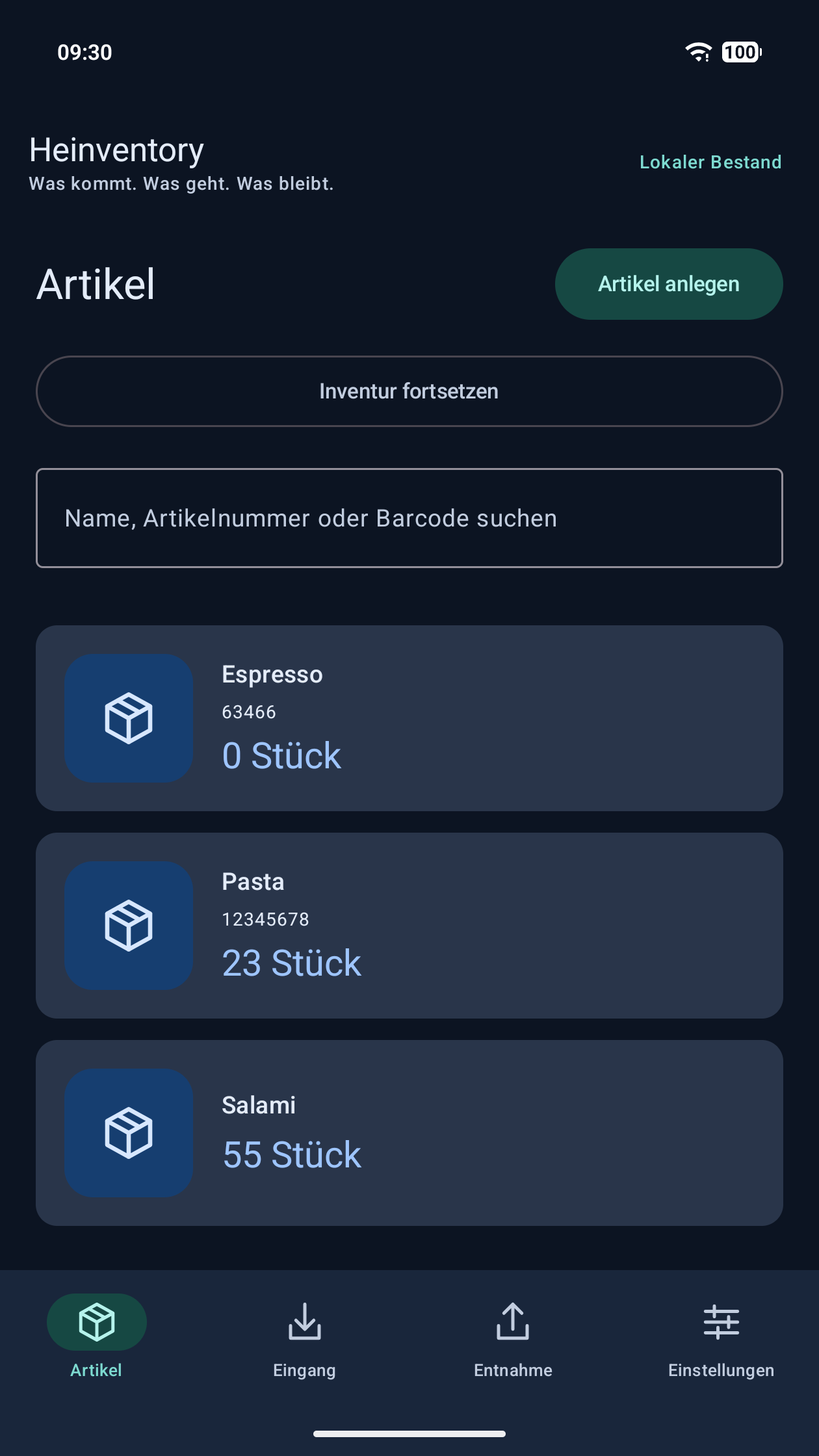 Heinventory-Artikelübersicht mit Beispielen und aktuellen Lagerbeständen