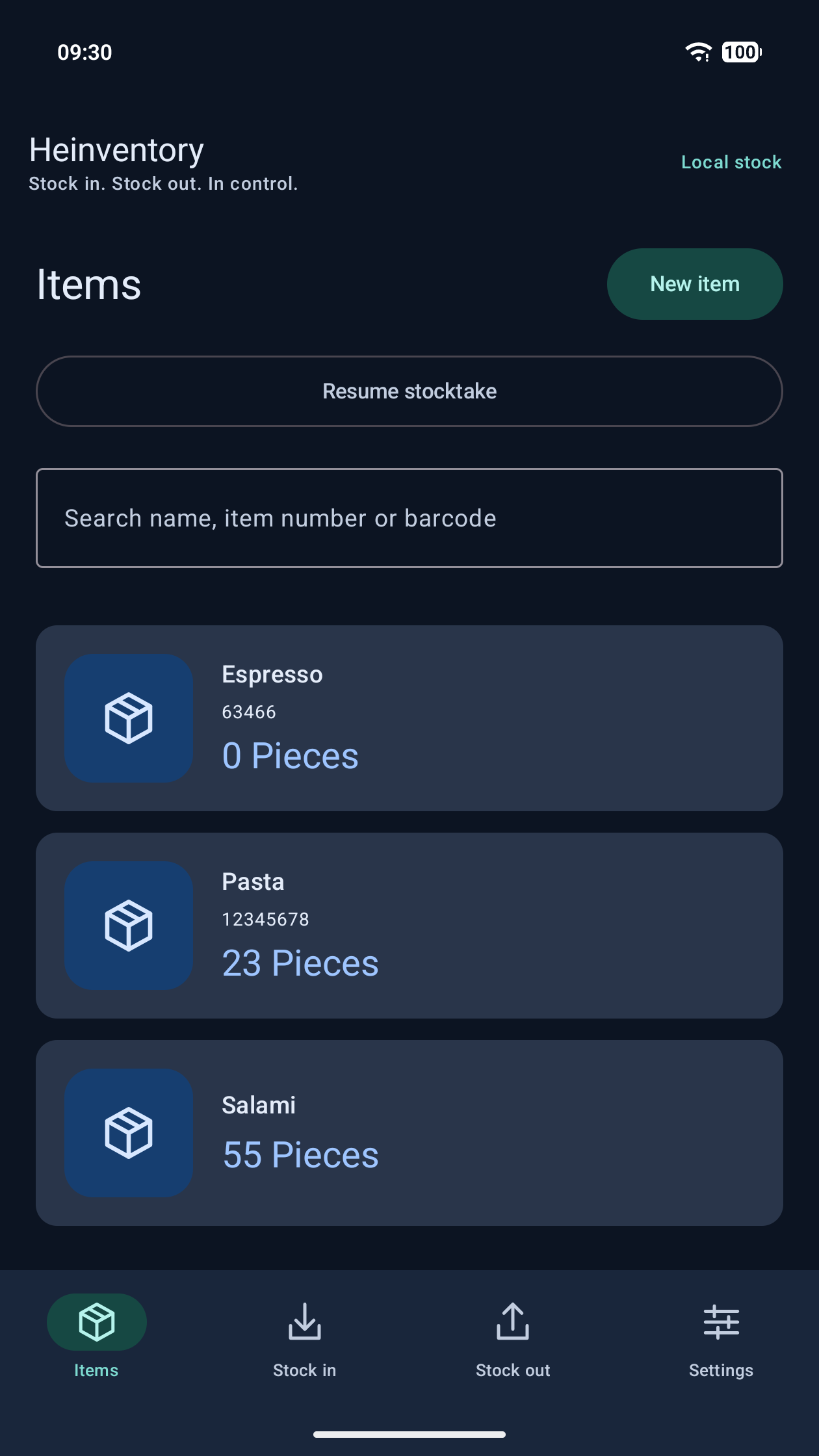 Heinventory item list with example products and current stock levels